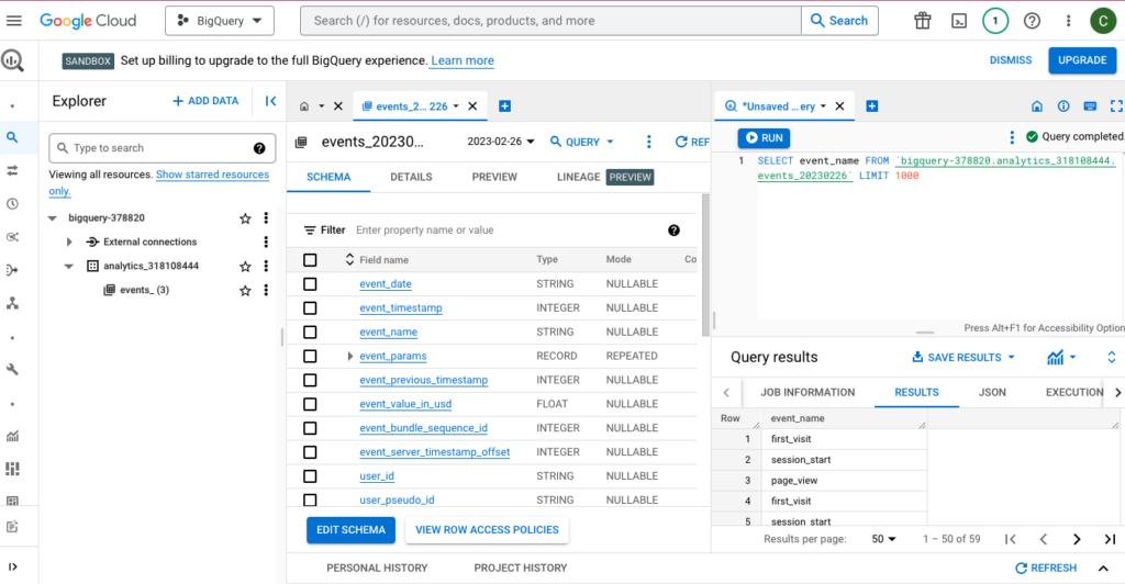 BigQuery interface with events from GA4 pictured, with one query running. BiqQuery is one option for data retention.