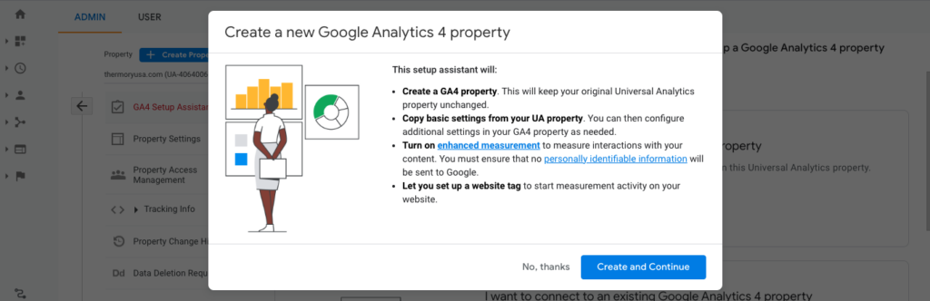 View of set up assistant available for users switching from Universal Analytics to GA4