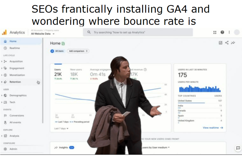 Bounce rate exists as a GA4 metric, but it changed. This meme represents search engine optimizers frantically trying to find it.