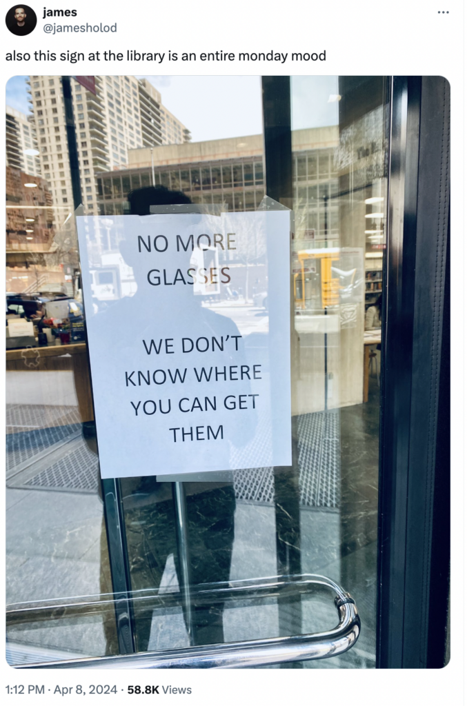 Library sign about not having any more eclipse glasses