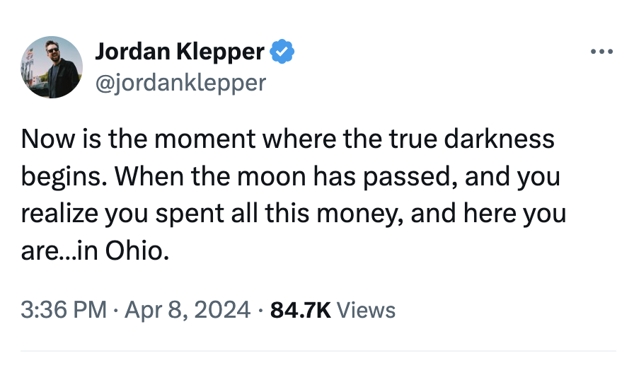 Tweet by Jordan Klepper with a joke about the eclipse in Ohio