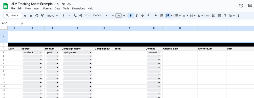 UTM tracking sheet that uses dropdowns for naming consistencies and builds the UTM directly in the sheet.