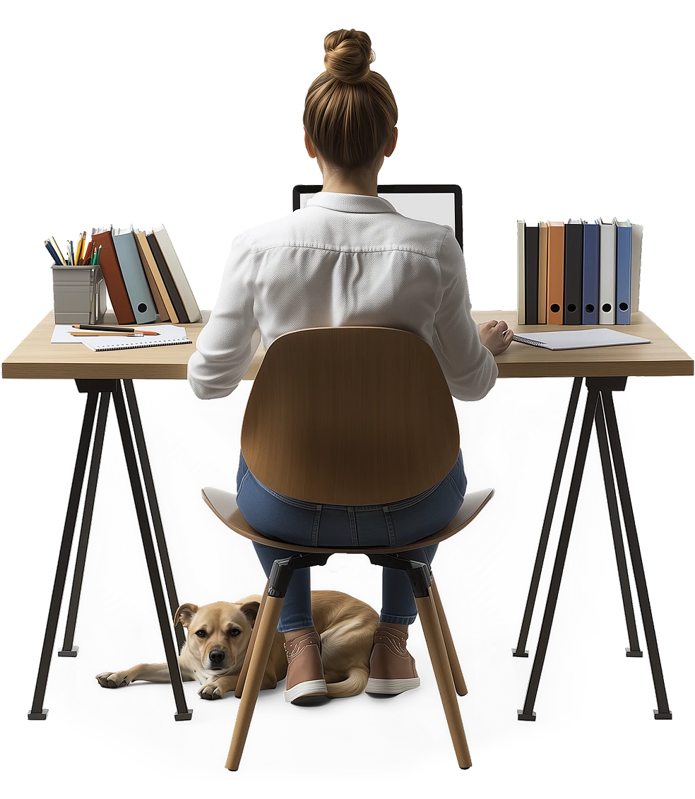 Woman facing away from the camera, sitting at a desk working on a laptop, with a dog laying at her feet.