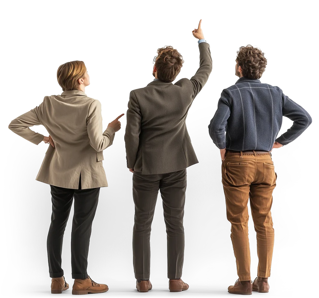 Group of 3 people standing facing away from the camera, the middle one pointing up.
