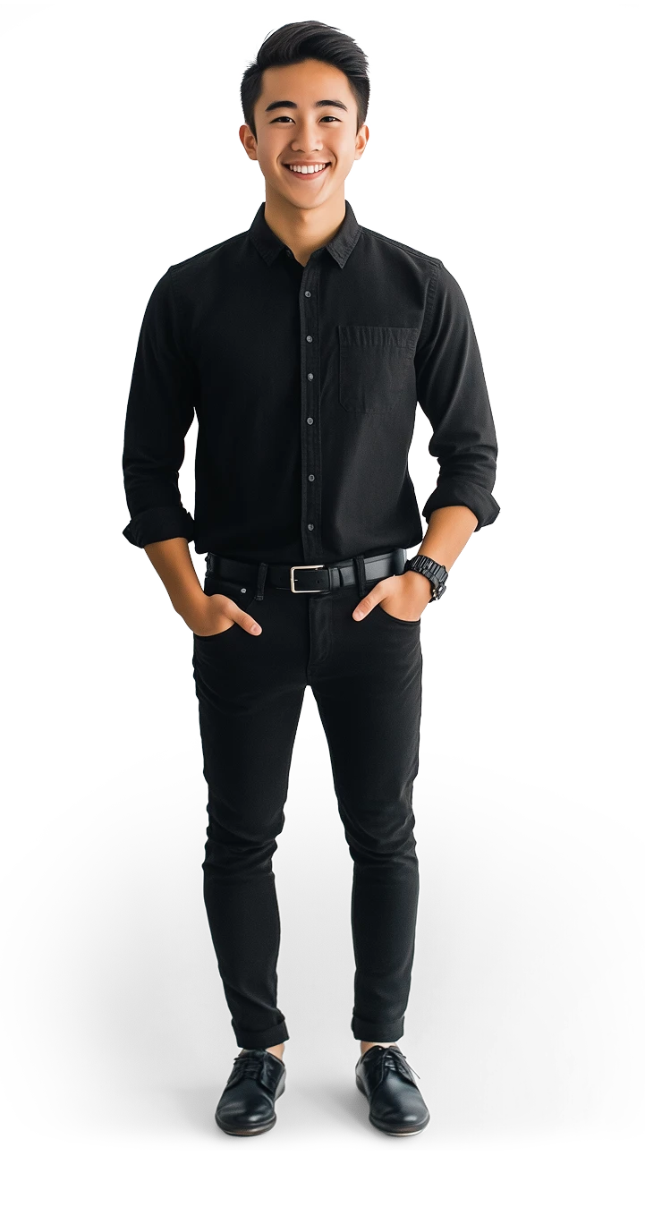 Young asian american man smiling at the camera with his hands in his pockets.