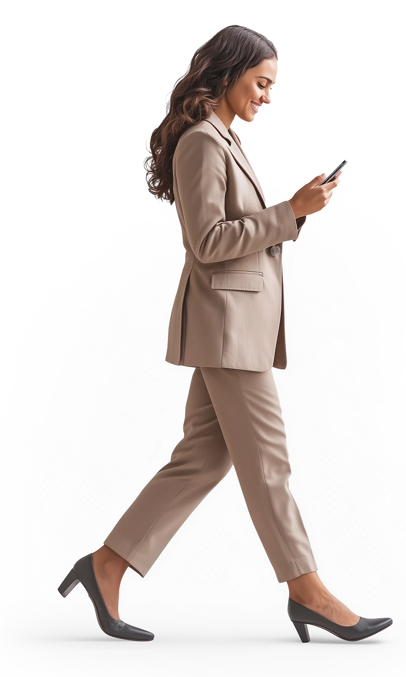 Business woman smiling and texting as she is walking.