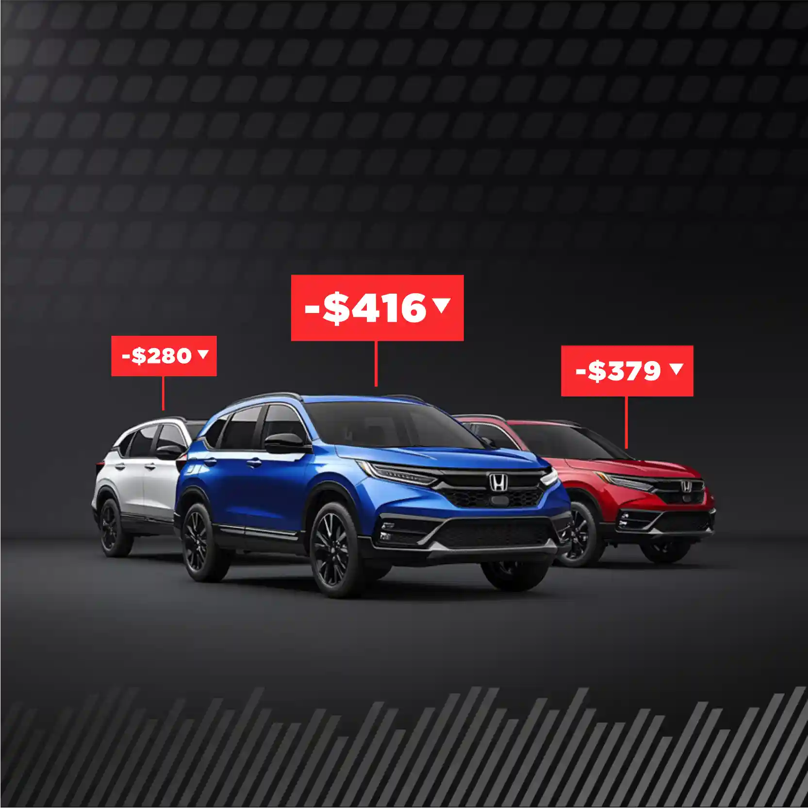 Multiple SUVs with different price drops above them.