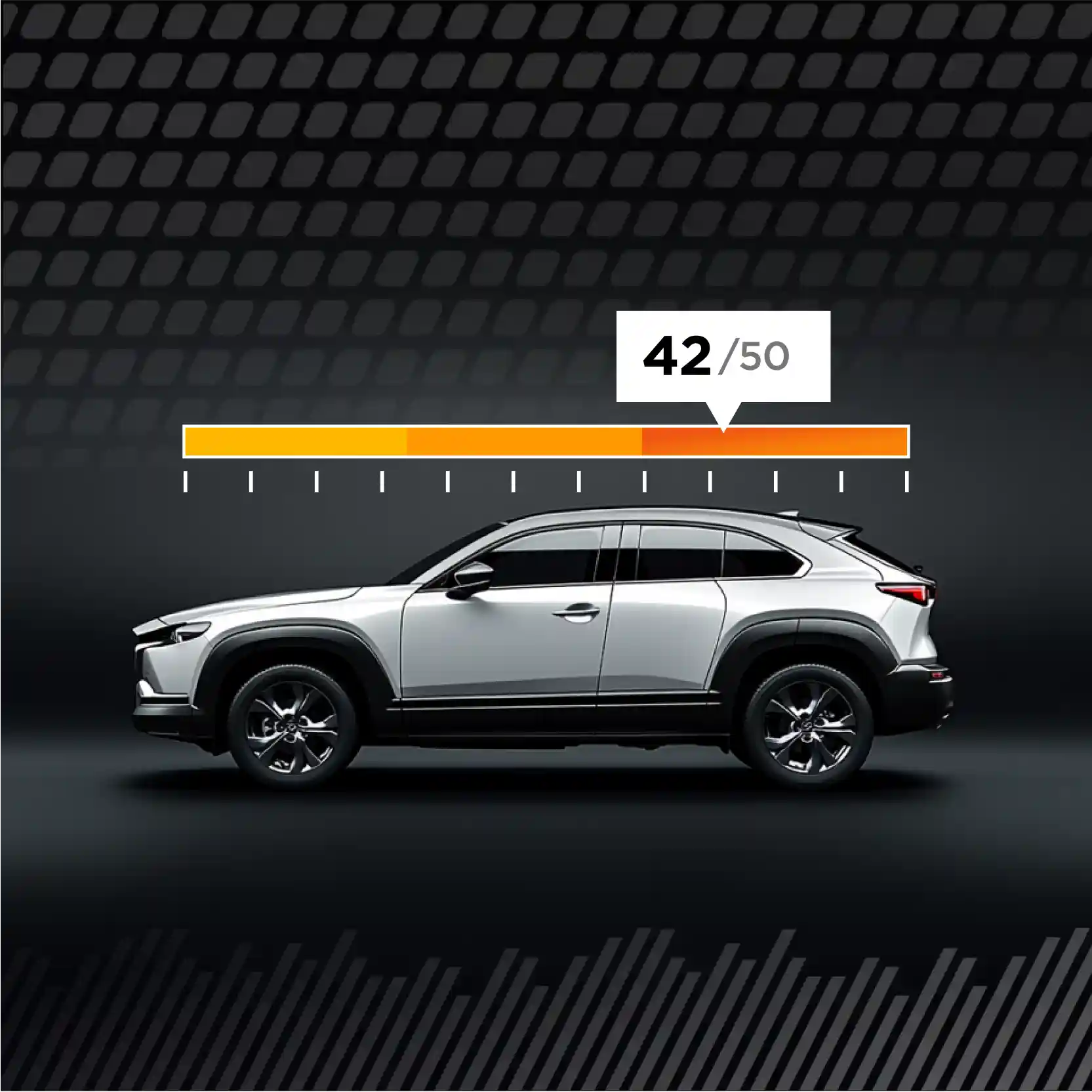 Side view of an SUV and a meter that says 42/50 above it.