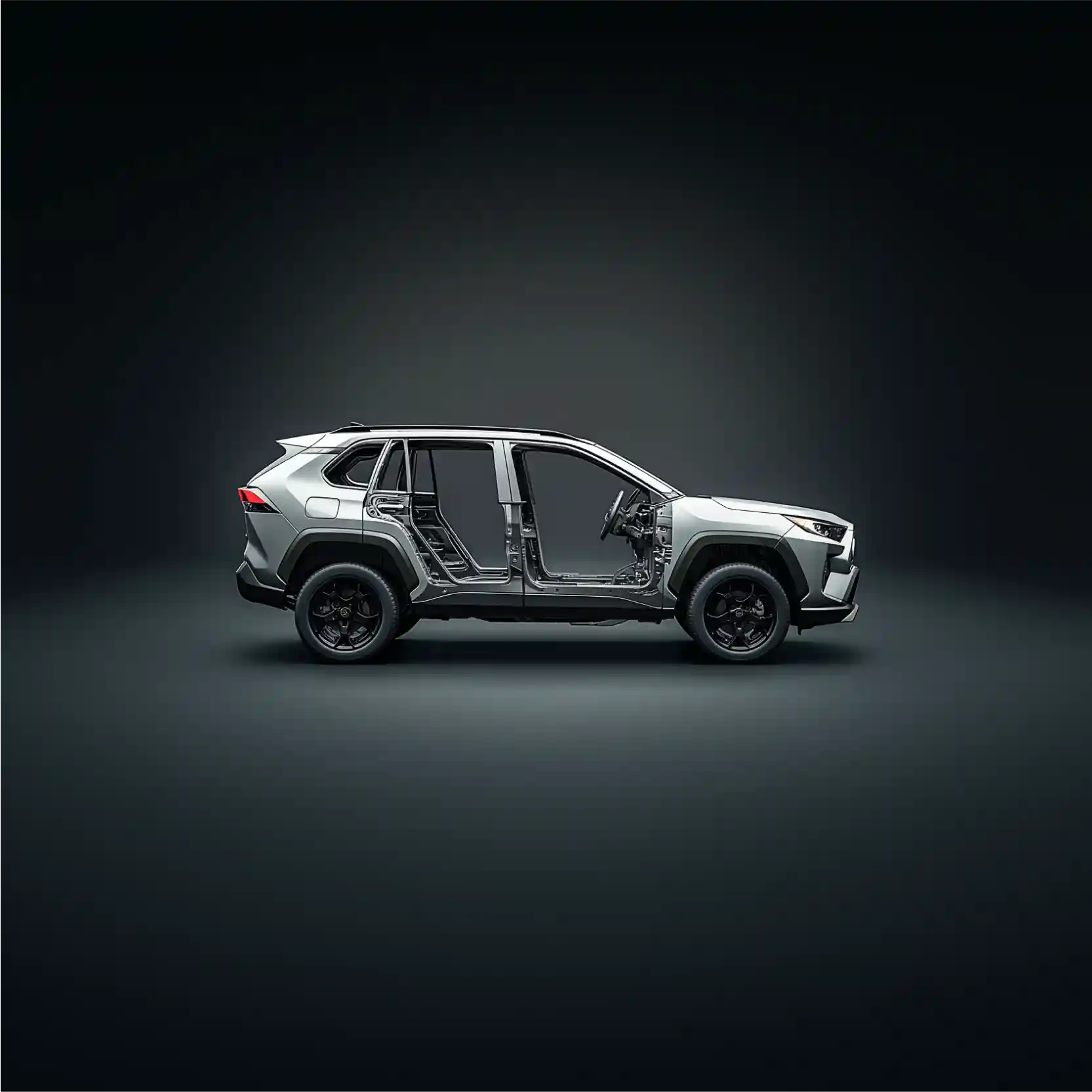 Side view of an SUV with no doors or seats in it.